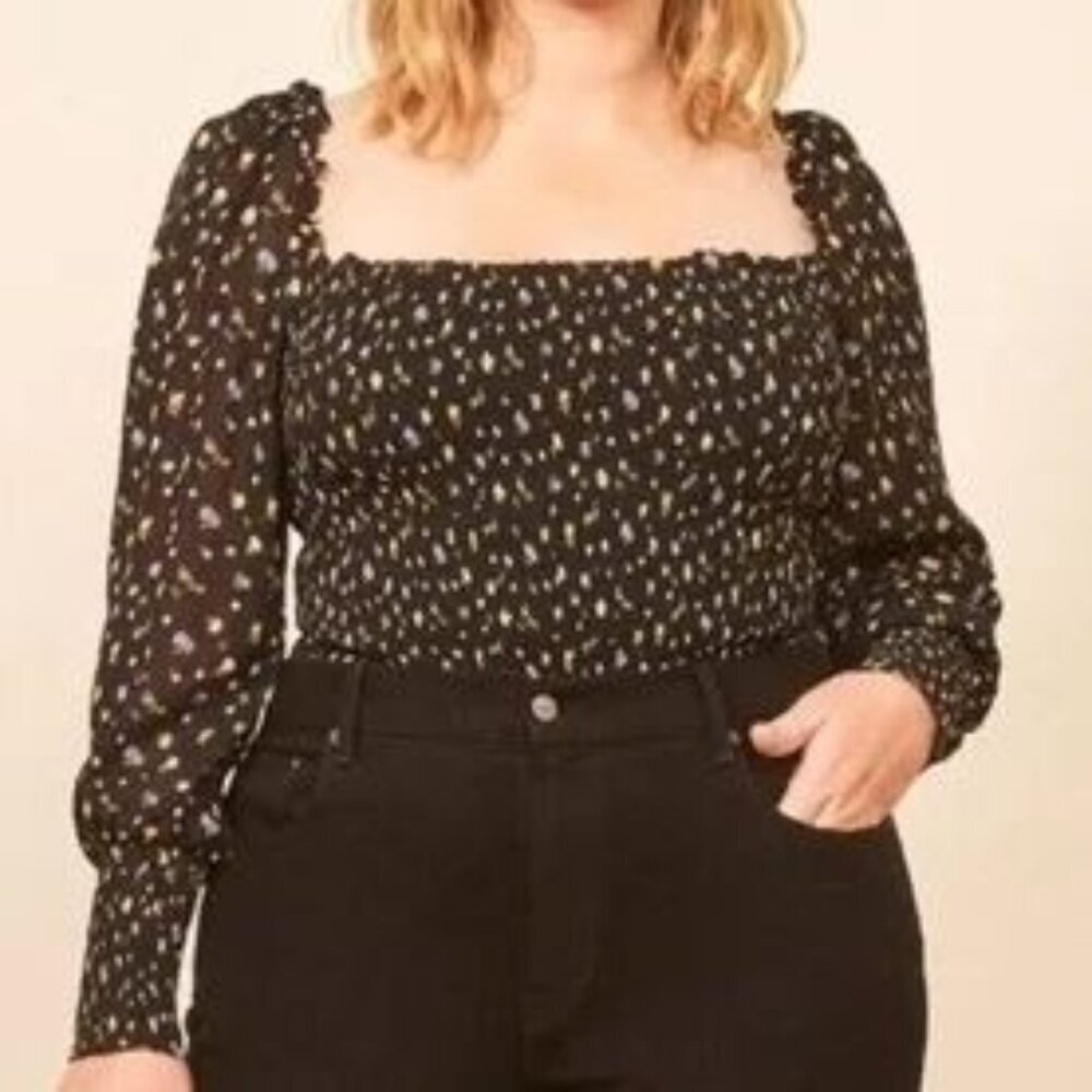 Reformation Pinto Top Smocked Bodice Long Ballon Sleeve Black‎ Pink Freesia 1X